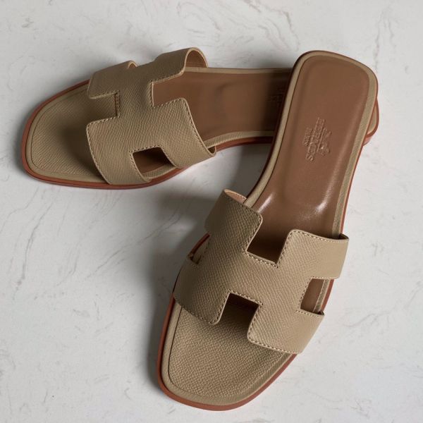 HERM Oran Slide Sandals In Trench Epsom Calfskin