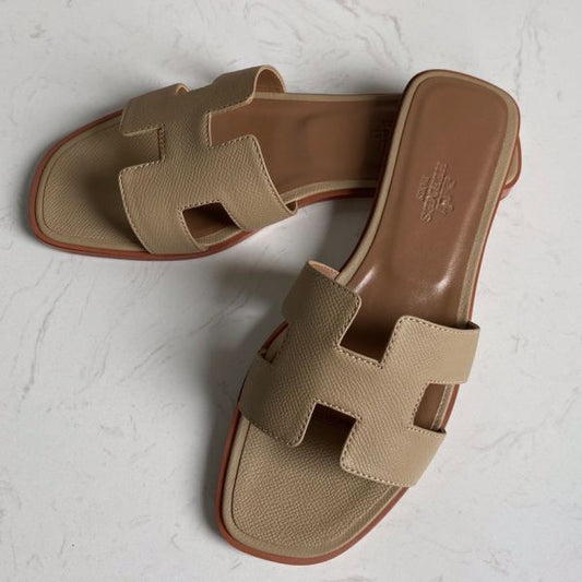 HERM Oran Slide Sandals In Trench Epsom Calfskin