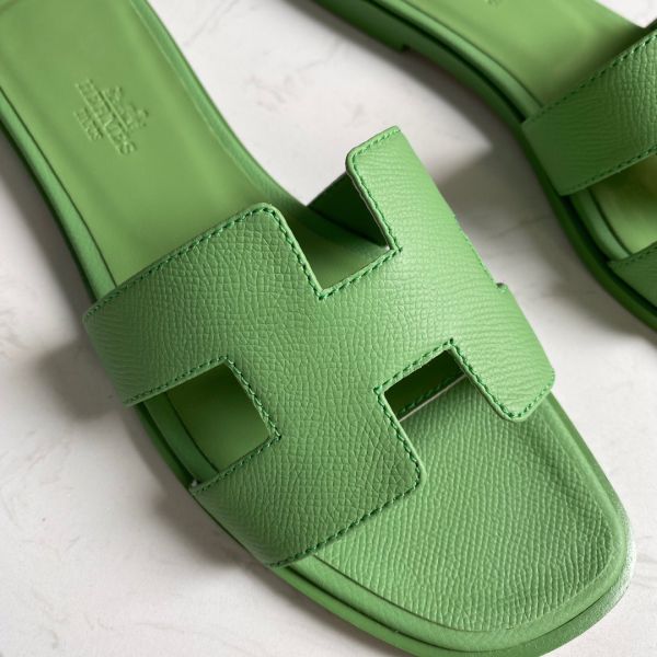 HERM Oran Slide Sandals In Vert Criquet Epsom Calfskin