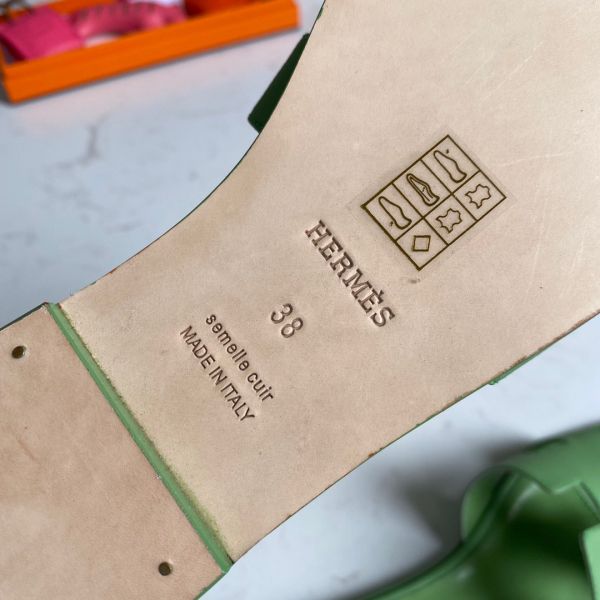 HERM Oran Slide Sandals In Vert Criquet Epsom Calfskin