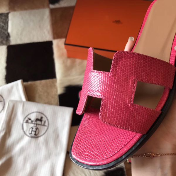 HERM Oran Sandals In Rose Red Lizard Leather