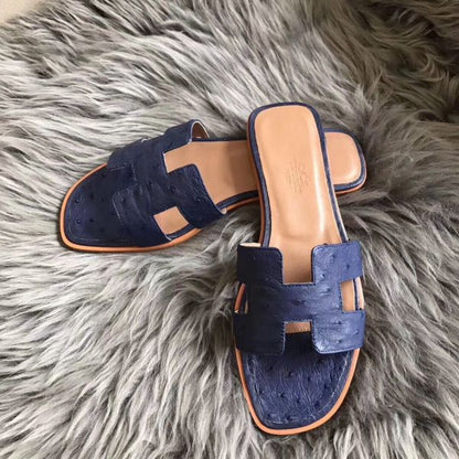 HERM Oran Sandals In Blue Ostrich Leather