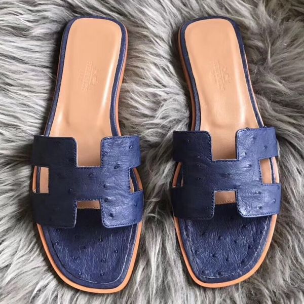 HERM Oran Sandals In Blue Ostrich Leather