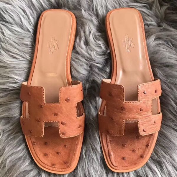 HERM Oran Sandals In Brown Ostrich Leather