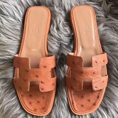 HERM Oran Sandals In Brown Ostrich Leather