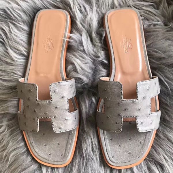 HERM Oran Sandals In Grey Ostrich Leather