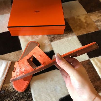 HERM Oran Slide Sandals In Orange Ostrich Leather