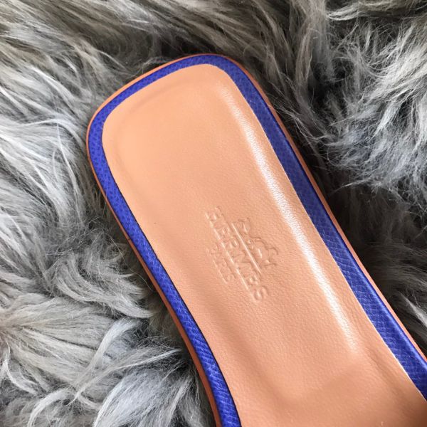 HERM Oran Slide Sandals In Blue Epsom Perforated Calfskin