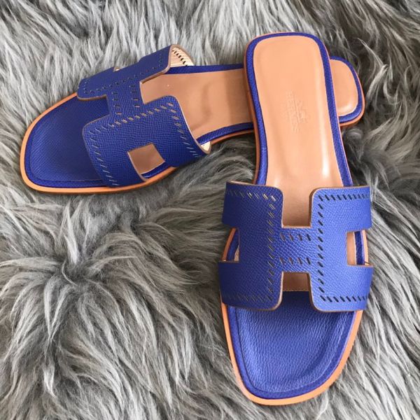 HERM Oran Slide Sandals In Blue Epsom Perforated Calfskin