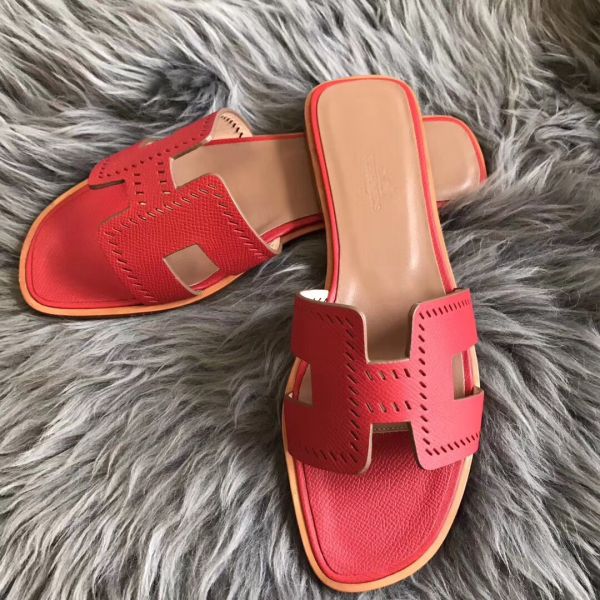 HERM Oran Perforated Sandals In Red Epsom Leather