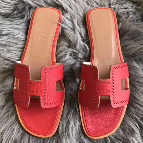 HERM Oran Perforated Sandals In Red Epsom Leather