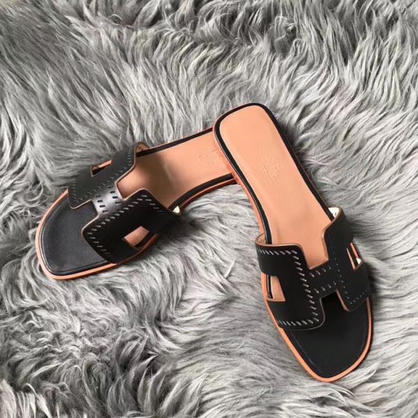 HERM Oran Perforated Sandals In Black Swift Leather