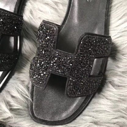 HERM Oran Sandals In Black Suede With Black Crystal