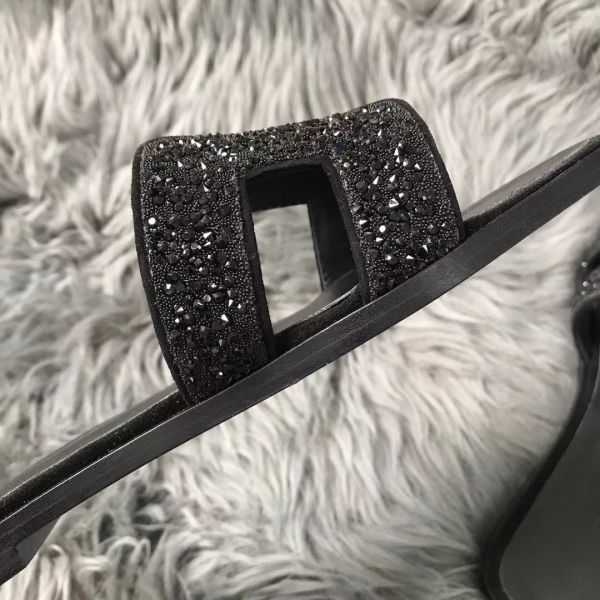 HERM Oran Sandals In Black Suede With Black Crystal