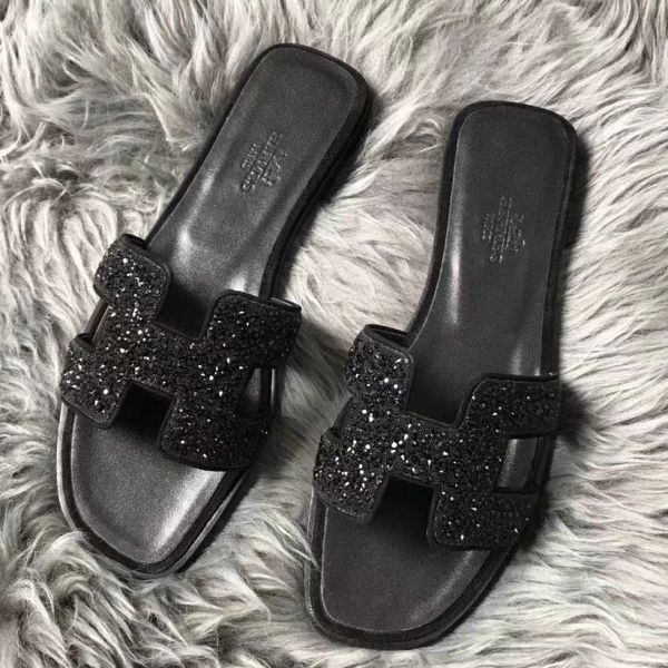 HERM Oran Sandals In Black Suede With Black Crystal