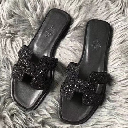 HERM Oran Sandals In Black Suede With Black Crystal