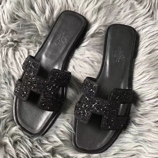 HERM Oran Sandals In Black Suede With Black Crystal