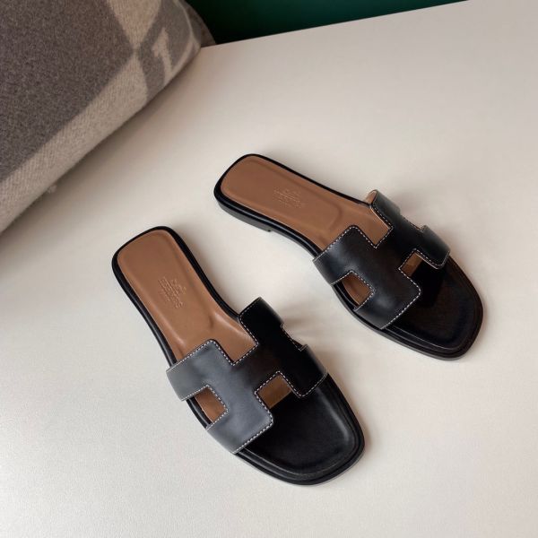 HERM Oran Slide Sandals In Black Swift Calfskin