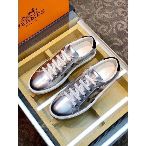 HERM Men's Avantage Sneakers In Grey Metallic Leather