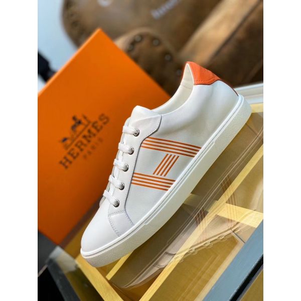 HERM Men's Avantage Sneakers In White/Orange Calfskin