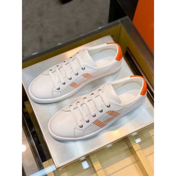 HERM Men's Avantage Sneakers In White/Orange Calfskin