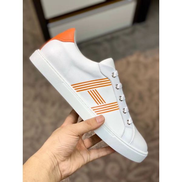 HERM Men's Avantage Sneakers In White/Orange Calfskin