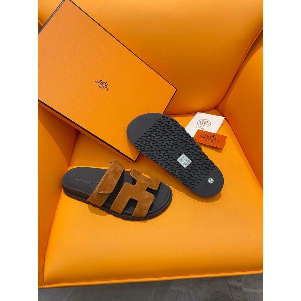 HERM Men's Chypre Sandals in Brown Suede Calfskin