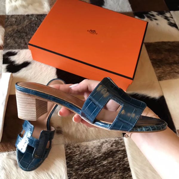 HERM Oasis Sandals In Blue Shiny Niloticus Crocodile