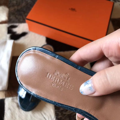 HERM Oasis Sandals In Blue Shiny Niloticus Crocodile