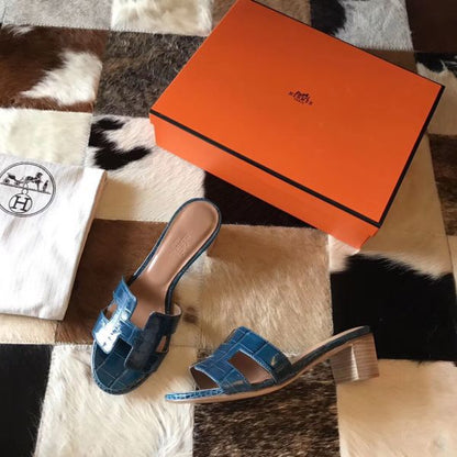 HERM Oasis Sandals In Blue Shiny Niloticus Crocodile