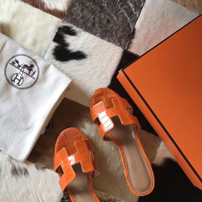 HERM Oasis Sandals In Orange Shiny Niloticus Crocodile