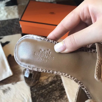 HERM Oasis Sandals In Taupe Shiny Niloticus Crocodile