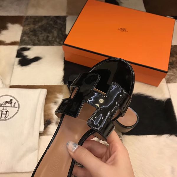 HERM Oasis Sandals In Black Patent Calfskin