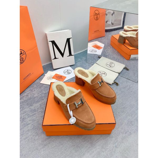 HERM Flore 60 Mules in Brown Suede with Shearling