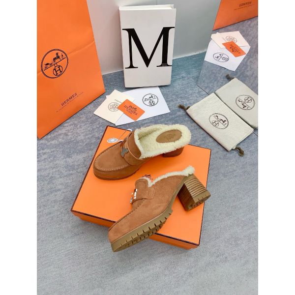 HERM Flore 60 Mules in Brown Suede with Shearling