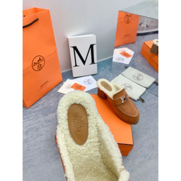 HERM Flore 60 Mules in Brown Suede with Shearling