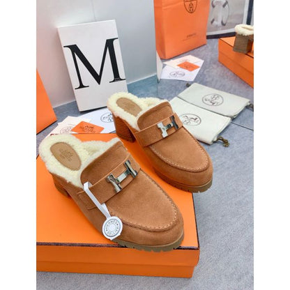 HERM Flore 60 Mules in Brown Suede with Shearling