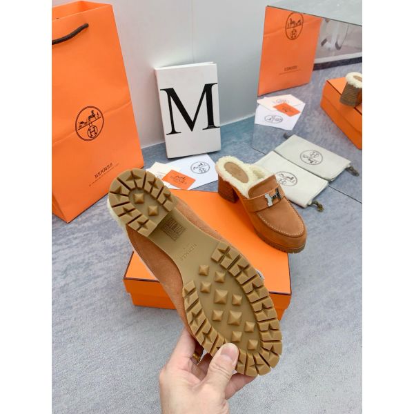 HERM Flore 60 Mules in Brown Suede with Shearling