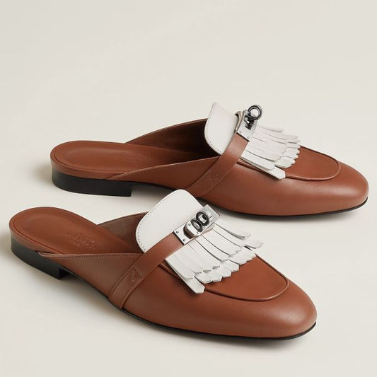 HERM Women's Oz Mules with Fringed in Brown/White Leather