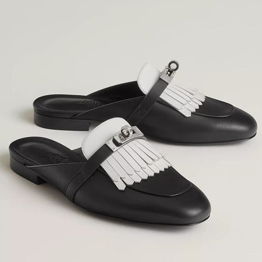 HERM Women's Oz Mules with Fringed in Black/White Leather