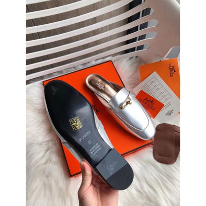 HERM Oz Mules In Silver Metallic Calfskin