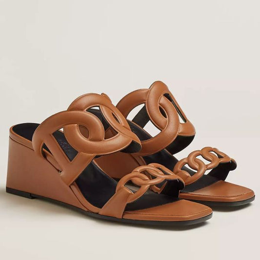 HERM Figari 55mm Wedge Sandals In Brown Nappa Leather