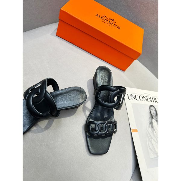 HERM Figari 55mm Wedge Sandals In Black Nappa Leather