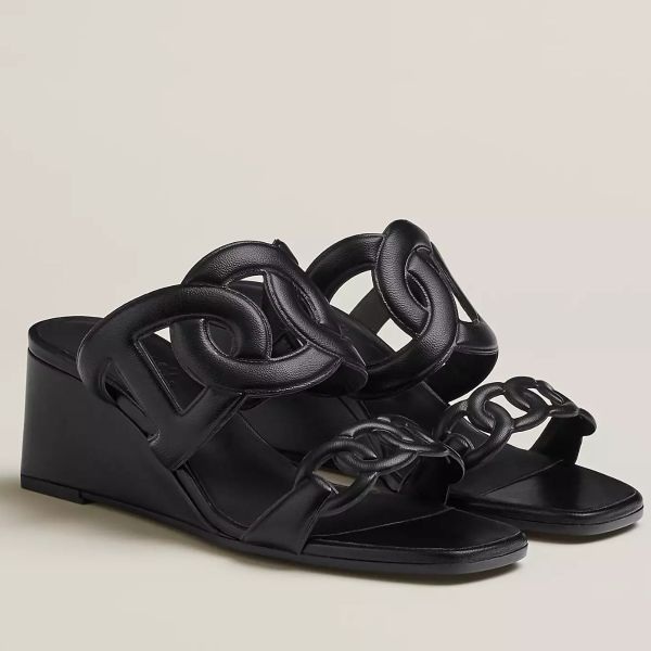 HERM Figari 55mm Wedge Sandals In Black Nappa Leather