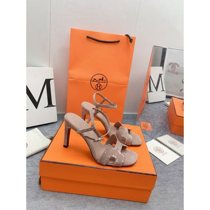HERM Heden 80 Sandals in Beige Suede Leather with Rhinestone