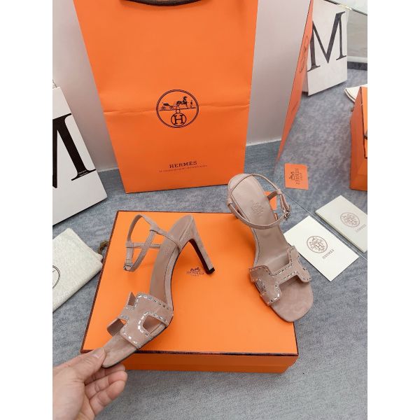 HERM Heden 80 Sandals in Beige Suede Leather with Rhinestone