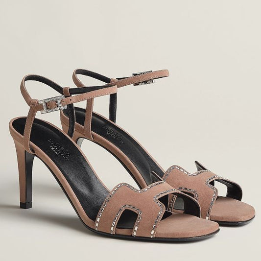 HERM Heden 80 Sandals in Beige Suede Leather with Rhinestone