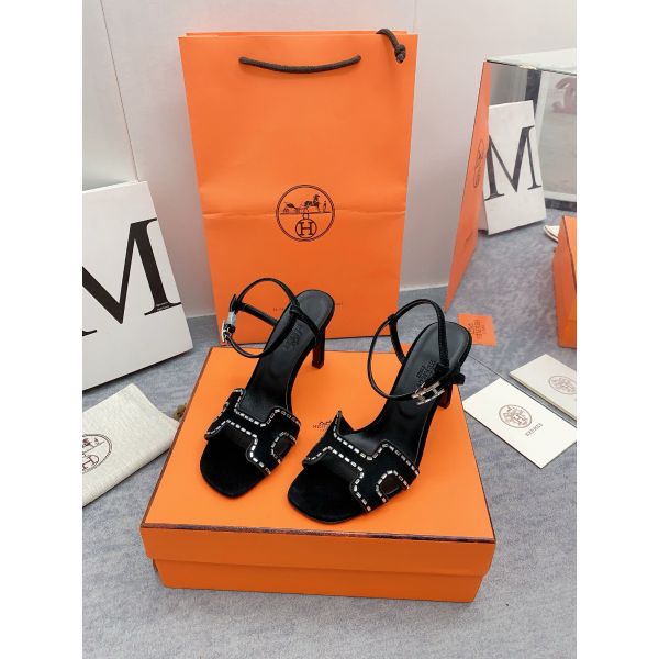 HERM Heden 80 Sandals in Black Suede Leather with Rhinestone