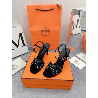HERM Heden 80 Sandals in Black Suede Leather with Rhinestone