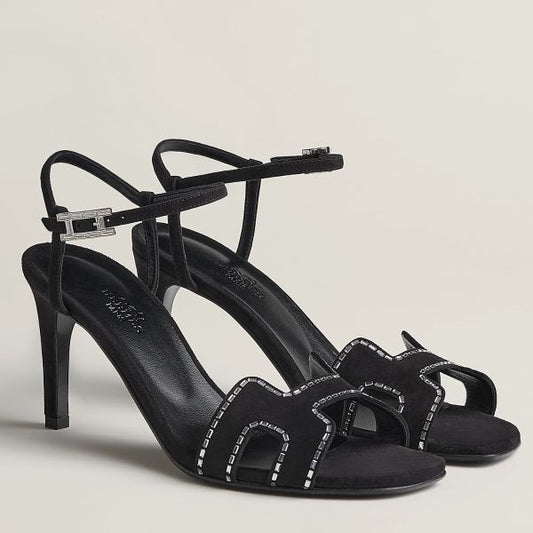 HERM Heden 80 Sandals in Black Suede Leather with Rhinestone